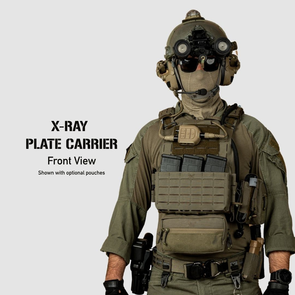 A person wearing tactical military-style gear stands against a light gray background, including a helmet with night vision goggles, a face covering, and a plate carrier vest with pouches. Text on the left reads 'X-RAY PLATE CARRIER Front View' and 'Shown with optional pouches.