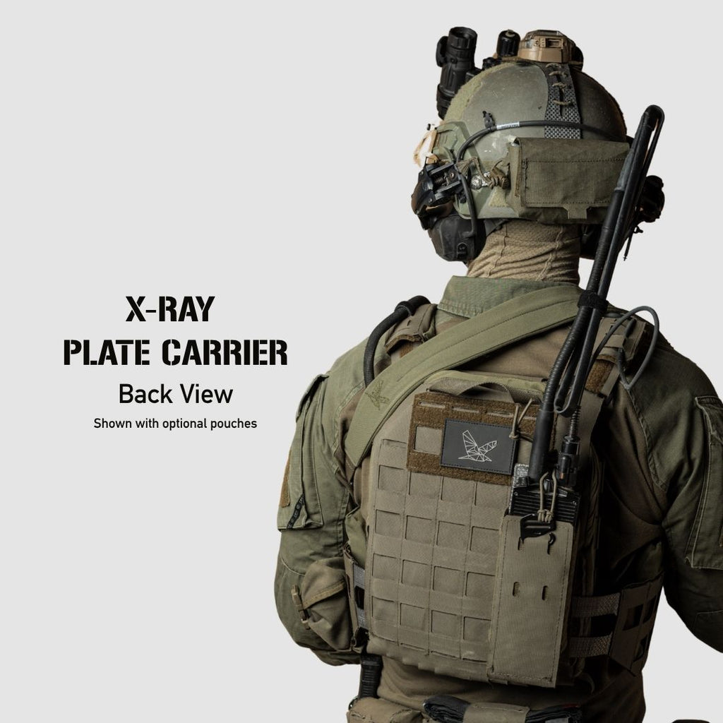 A person wearing military-style tactical gear shown from the back, with a tan X-ray plate carrier vest on a light gray background. Text on the left reads 'X-RAY PLATE CARRIER Back View' and notes it is shown with optional pouches.