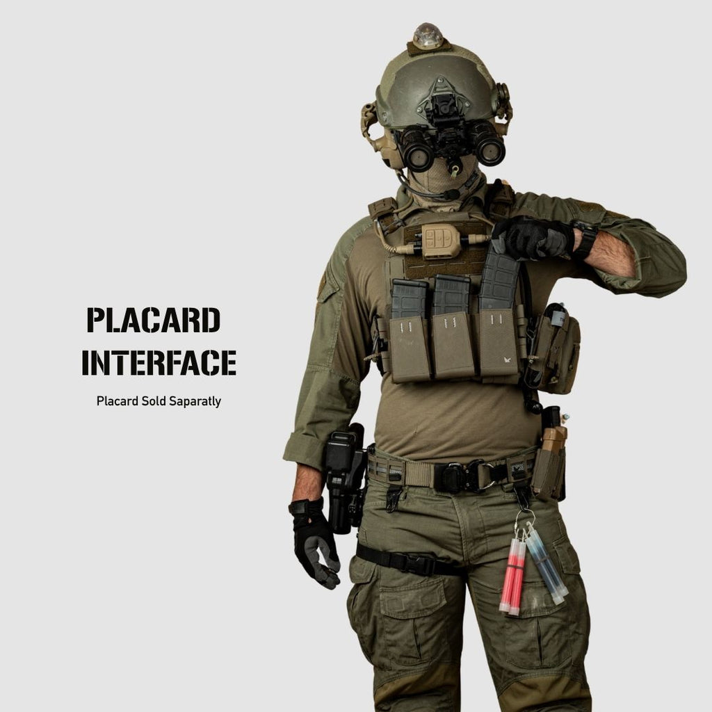 A person wearing full tactical gear including a helmet with night vision goggles, a camouflage combat shirt, body armor, magazine pouches, gloves, and a utility belt stands against a light gray background. Text on the left reads 'PLACARD INTERFACE' and 'Placard Sold Separately'.
