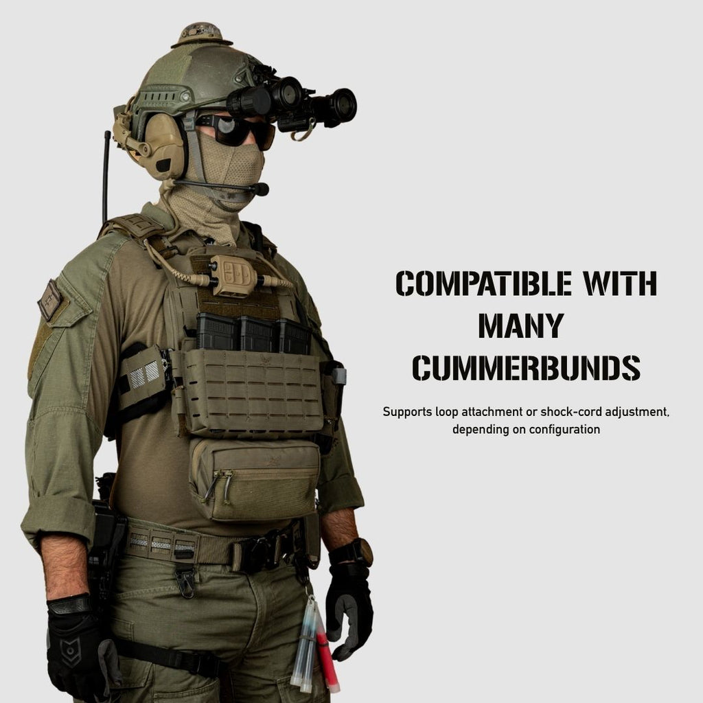 A person in full tactical gear wearing a helmet with night vision goggles, headset, face covering, and a chest rig, shown against a light gray background with text reading 'COMPATIBLE WITH MANY CUMMERBUNDS' and smaller explanatory text.