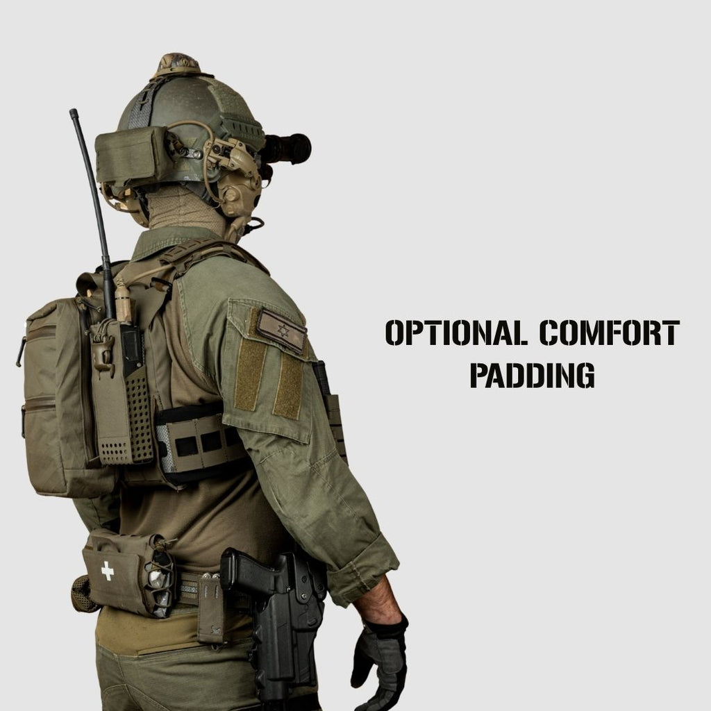 A soldier in olive green tactical gear shown from the back, wearing padded comfort padding gear, with the text 'OPTIONAL COMFORT PADDING' on a light gray background.