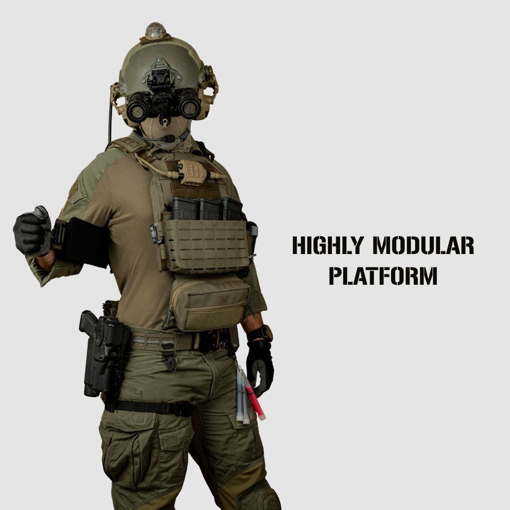 A soldier in full tactical gear, including a helmet with a gas mask, vest, and combat pants, shown from the back against a light gray background with the text 'HIGHLY MODULAR PLATFORM' on the right.