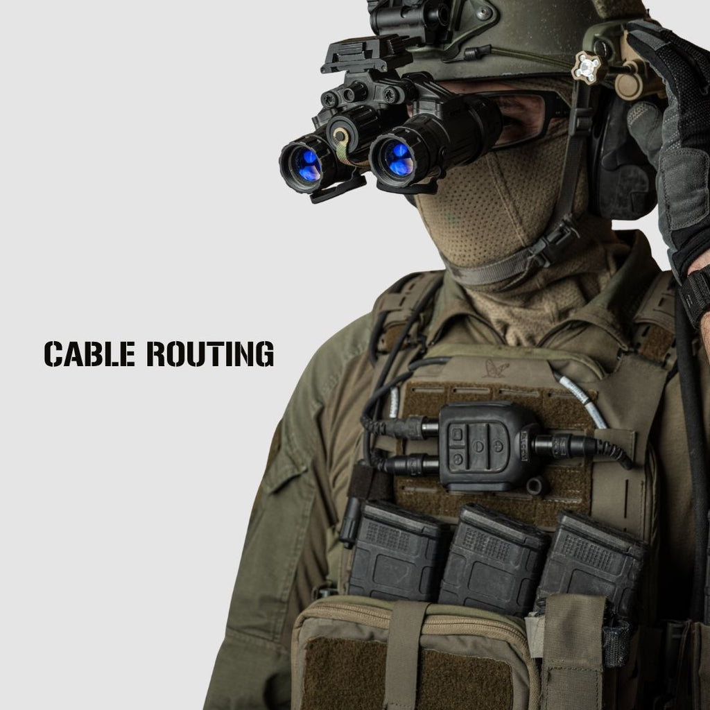 A close-up of a person in tactical gear wearing night vision goggles and a helmet, with a tactical vest and magazine pouches. The text 'CABLE ROUTING' appears on the left side.