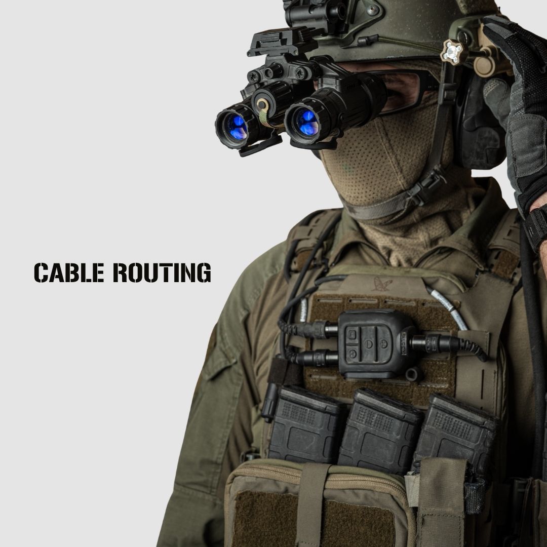 A close-up of a person in tactical gear wearing night vision goggles and a helmet, with a tactical vest and magazine pouches. The text 'CABLE ROUTING' appears on the left side.