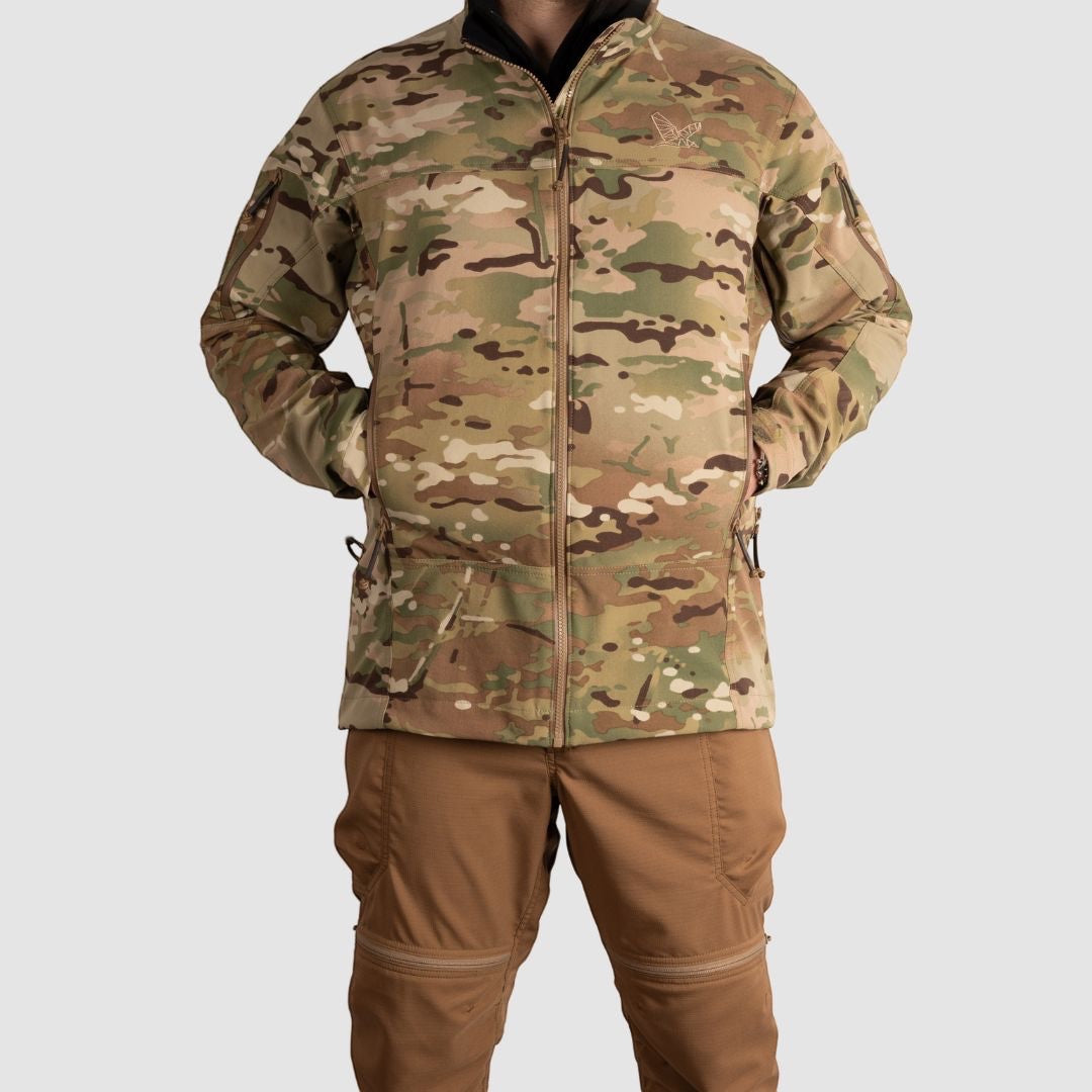 Night Heron Foxtrot softshell jacket in camouflage pattern, DWR coated, with pit zips and multiple pockets.