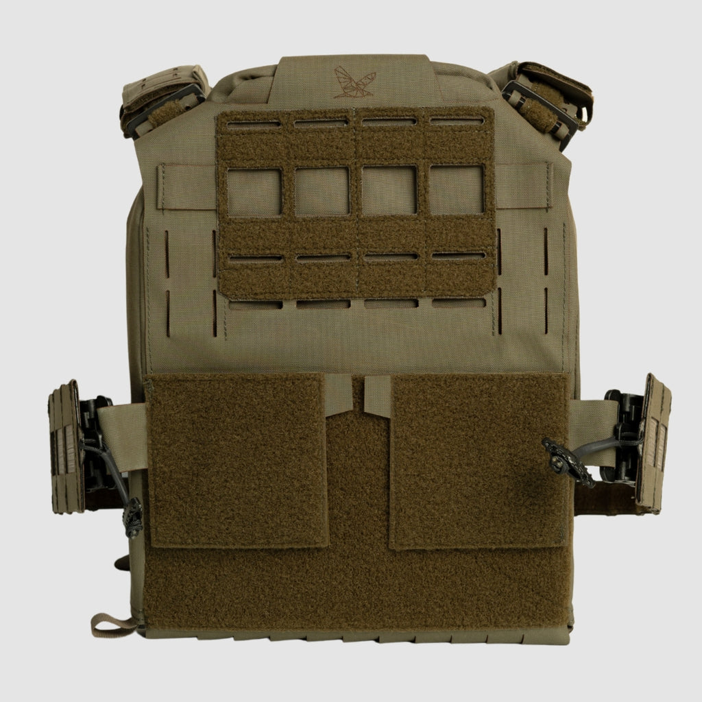 A tactical plate carrier vest in coyote tan and brown webbing, shown from the front against a light gray background.