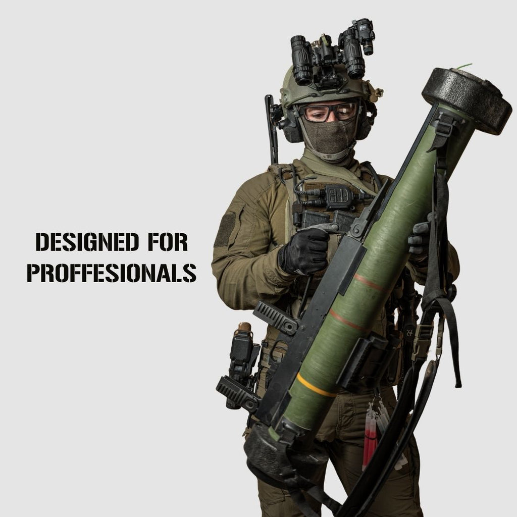 A person in full tactical military gear light gray background. The text 'DESIGNED FOR PROFFESIONALS' appears on the left.