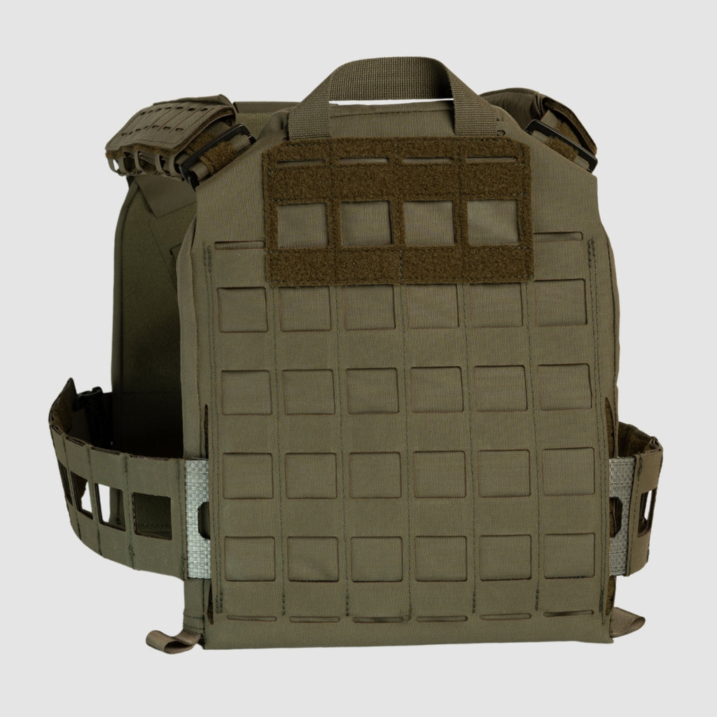 An olive drab tactical plate carrier vest shown from the back, featuring a grid MOLLE pattern, top carry handle, and shoulder straps, photographed against a neutral light gray background.